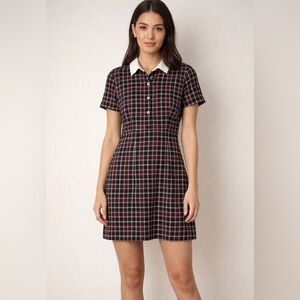 CeCe Navy and Cream Plaid Mini Dress with White Collar